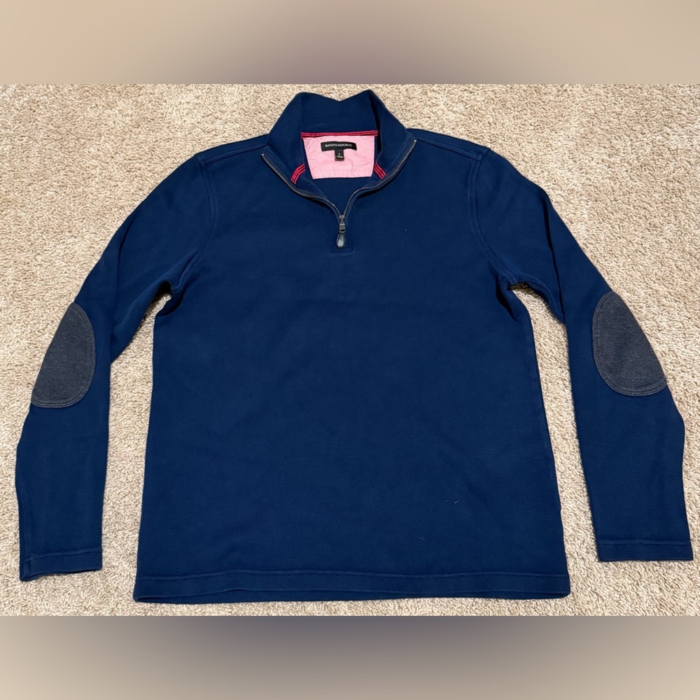 Banana Republic Men’s Navy Blue 1/4 Zip Sweater Elbow Patches Size Large Cotton